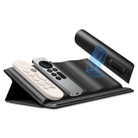 Spigen LD401 Remote Control Holder for Universal Remote Controls Remote Caddy with 4 Compartments Leather Remote Control Organiser with Magnetic Holder - Black