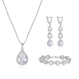 Crysdue Cubic Zirconia Teardrop Pendant Necklace Long Earrings Tennis Bracelet Set, Sparkle Classic Prom Wedding Jewelry Set for Women Brides Bridesmaid Clear Silver-Tone