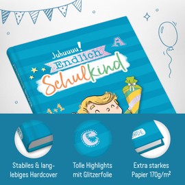 Endlich Schulkind! A5 memory album for school enrolment for boys by Häfft [blue] hard cover first day of school, gift for the school cone, climate-friendly and sustainable