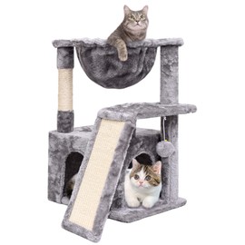 SYANDLVY Cat Tree for Indoor Cats Large Adult, Modern Activity Tower with Scratching Posts & Board, Condo with Plush Perch, Climbing Stand with Cradle & Hanging Ball for Play, Light Grey