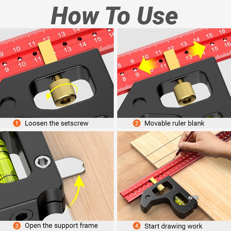 Combination Square, Preciva Carpenter Marking Gauge 45/90 Degrees with Bubble