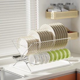 TABABAO Over The Sink Dish Drying Rack, Collapsible 3 Tier Dish Racks for Kitchen Counter, Large Capacity Stainless Steel Dish Drainer with Utensil Holder and Drainboard (Upgraded)