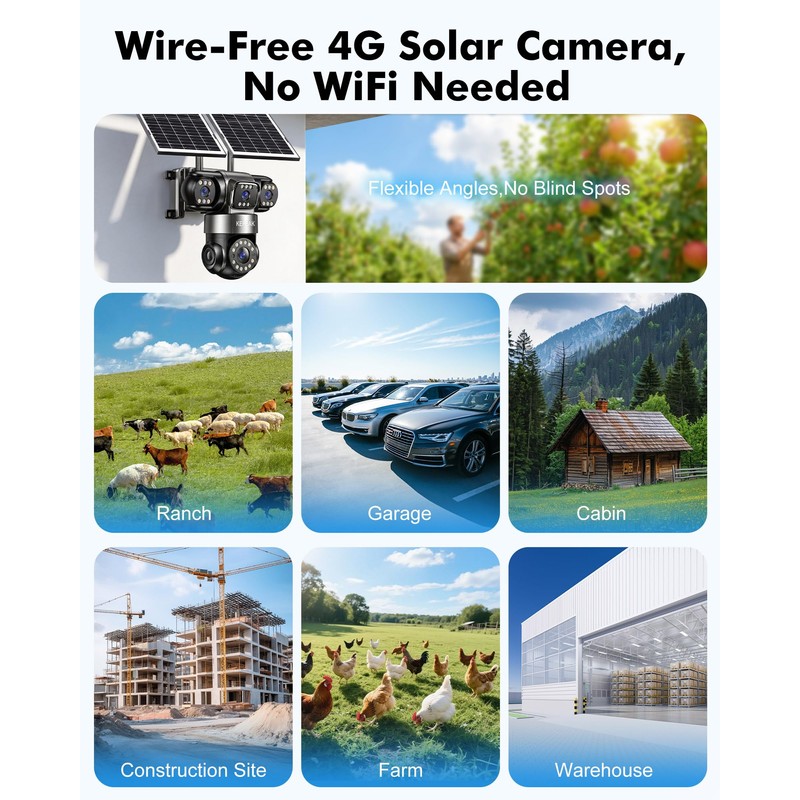 4G LTE Cellular Solar Security Camera Wireless Outdoor, 4 Lens