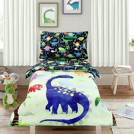4 Piece Toddler Bedding Set, Ultra Soft and Breathable Cartoon Dinosaur Toddler Comforter Sets for Boys Includes Quilted Comforter, Fitted Sheet, Flat Sheet and Pillowcase