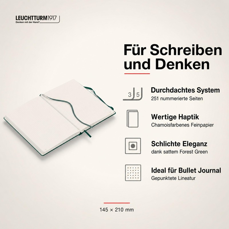 LEUCHTTURM1917 367255 Notebook Medium (A5), Hardcover, 251 Numbered Pages, Forest