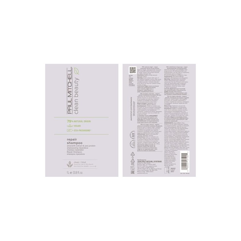 Paul Mitchell Clean Beauty Repair Shampoo, Strengthens and Protects, For