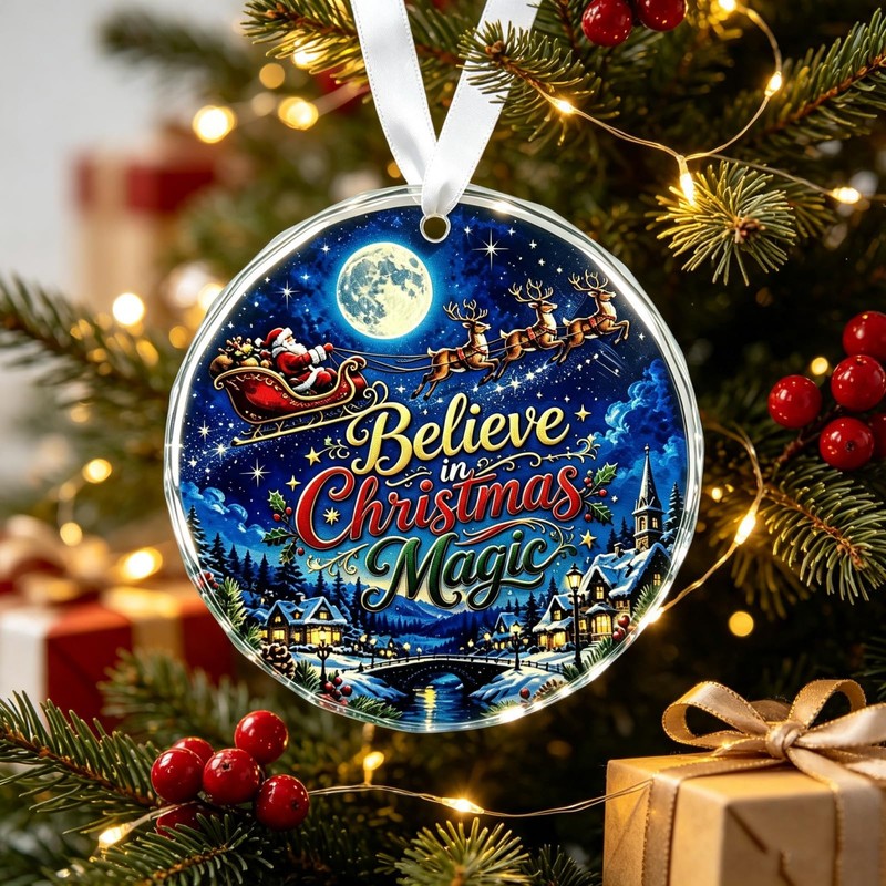 Believe in Christmas Magic Glass Christmas Ornament, 3 Inch Santa