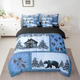 Erosebridal Rustic Cabin Comforter Set Twin Bear Deer Bedding Set Farmhouse Wolf Rabbit Country Hunting Camp Blue (Comforter+Fitted+Flat Sheet+2 Pillowcases+2 Throw Pillow Covers) 7 Pieces Bed Set