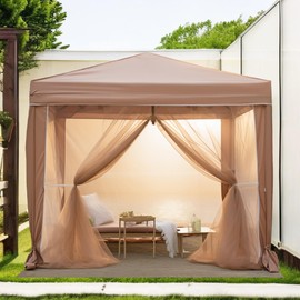 MFSTUDIO 10'x10' Pop Up Canopy Tent with Netting, Portable Instant Folding Canopy, Outdoor Canopy Screen Event Tent with 4 Zippered Mesh Netting for Garden, Brown