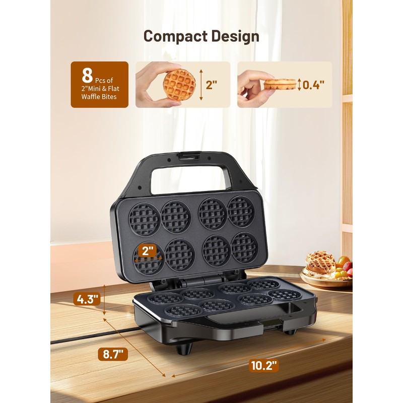 Mini Waffle Maker Machine, 8 Small Waffle Bites, Nonstick Waffle