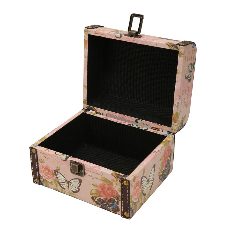 Treasure Chest Box Pink Butterfly Pattern Exquisite Retro Wooden PU