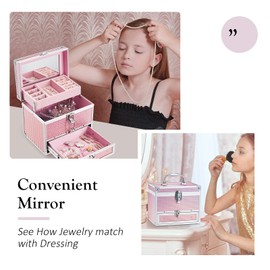 Hododou Girls Jewelry Box Organizer with Drawer & Mirror, Shiny Pink Style Lockable Storage Case for Kid or Little Girls Jewelry and Hair Accessories