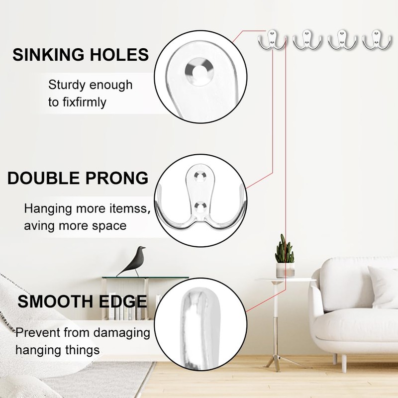 LICQIC Double Prong Robe Hooks, Dual Coat Door Hooks, Double
