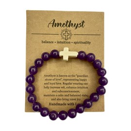 Yecomsy Christian Bracelet Cross Beaded Bracelets Jewelry Natural Healing Stone Inspirational Faith God Stretch Bracelet Religious Jewelry-Purple Amethyst