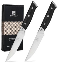 Medium Steak Knives Set of 2, 4.5 Inch High-Carbon Stainless Steel Serrated Steak Knife, Ergonomic Black Handles, Razor-Sharp, Dishwasher Safe, Rust-Resistant & Durable, Full Tang With Excellent Gift