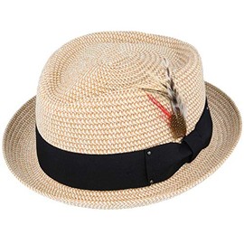 MAZ Summer Straw Diamond Crown Pork Pie Hat - with Adjustable String (Small, Natural)