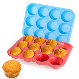 Bangp - Molde de silicona para magdalenas de 12 tazas con marco reforzado de metal, paquete de 2 moldes de silicona antiadherentes de alta calidad para hacer magdalenas, pasteles, tartas, picaduras de