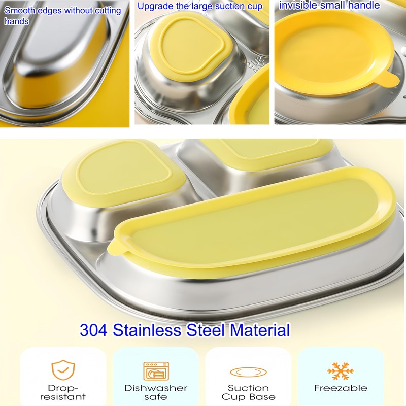 FeBohao Stainless Steel Baby Plate Divided Suction Plate with 3