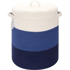 Sea Team Large Size Cotton Rope Woven Storage Basket with Lid, Lidded Laundry Hamper with Handles, Fabric Bucket with Cover, Clothes Toys Organizer for Kid's Room, 16 x 20 inches, White & Navy