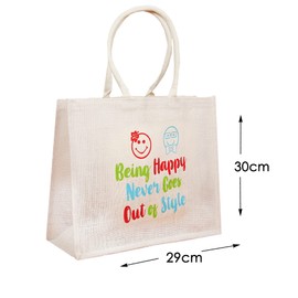 Natural Canvas Jute Tote Bags With Printed Design | Reusable Shopping Bags | Eco Friendly Lunch Handbag | Bag For Life | 29cm Height x 30cm Width x 14cm Depth (Happy Never Goes Out Of Style)