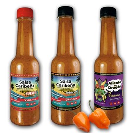 Chiletico Heatstorm: Dragon Edition – Extreme Hot Sauce 300g / 10.5 oz Each – Caribbean Hot, Caribbean Extra Hot & Aliento de Dragon – Artisan Costa Rican Heat – With Fresh Vegetables and Natural Spices – Gourmet Flavor – Big Size – 3 PACK