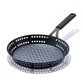 OXO Obsidian Pre-Seasoned Carbon Steel, 12" Frying Pan Skillet with Holes for Grilling with Removable Silicone Handle Holder, Induction, Oven Safe, Black