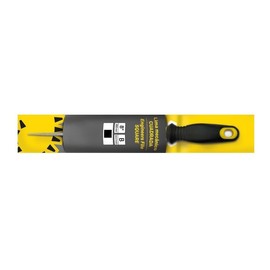 Quadratische mechanische Feile mit Griff aus zwei Materialien und Aufhänger, ideal zum Formen und Glätten von Metalloberflächen.