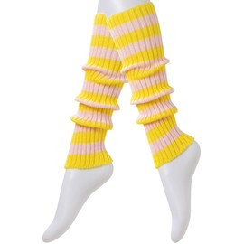 Intgoodluckycc Striped Leg Warmers for Women, Cute Knit Leg Warmer Socks for Dance (1 Pair - Yellow and Pink Stripes)
