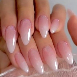 RUPOFUZA Almond Press on Nails - 24pcs Ombre Pink White Fake False Nails with Gloss Designs Acrylic Nail Press ons Artificial Stick on Nail for Women