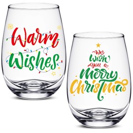 Domensi 2 Pcs Christmas Wine Stemless Glasses 15 oz Funny Christmas Drinking Glasses Xmas Lights Elf Santa Jingle Holiday Wine Glass for Women Mom Coworker Friends Family Birthday Party Gift(Classic)