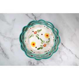 GinkgoHome Hand Painted Flower Pattern Ceramic Bowl Wavy Edge 6-8 Inch (8 Inch, Teal)