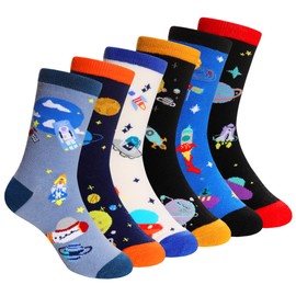 DoSmart Kids Boy Socks Cartoon Cotton Novelty Funny Child Sport School Daily Seamless Crew Socks for Teenage Boys 6 Pairs (Space, 3-5 Years)