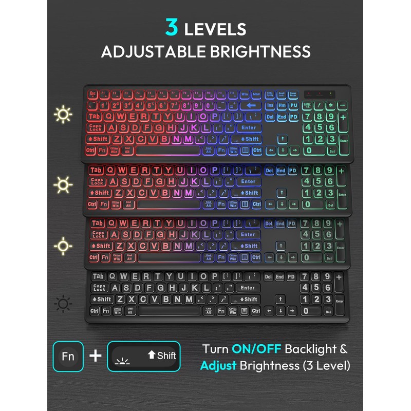 Wireless Keyboard and Mouse Combo - Large Print, RGB Backlit,