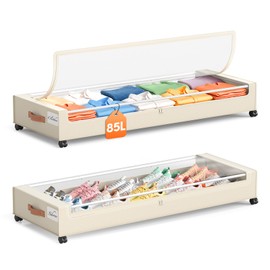 Yecaye Under Bed Storage with Wheels 2 Pack, 85L Extra Large Under Bed Storage Containers with Metal Frame & Clear Lid, Rolling Underbed Organizer Bins Drawers for Clothes, Shoes, Blankets, Beige