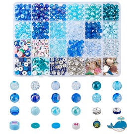 SUPERFINDINGS 819pcs Blue Jewelry Beads Including 16 Style Round Glass Beads 4 Style Polymer Clay Beads Spacers Cute Ocean Style Enamel Charms