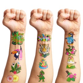 100 piezas de animales de Hawaii, decoraciones de fiesta de cumpleaños, suministros de aloha, hojas de selva, flamenco tropical, tortuga, animales, Hawaiiam, Leis, tatuajes temporales, para niñas y