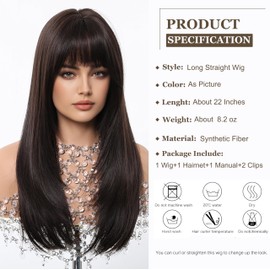 Esmee Long Straight Dark Brown Wigs for Women with Fringe, Natural Looking Synthetic Hair Wig for Daily Use & Party