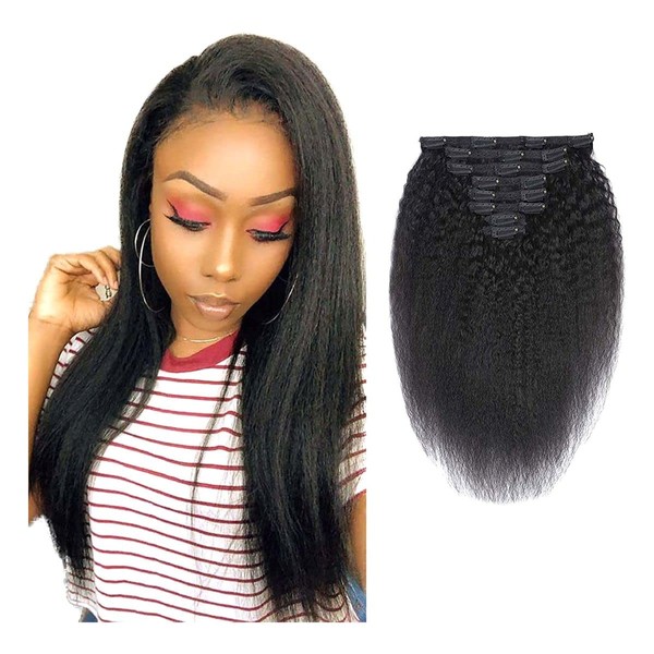 Clip in Human Hair Extensions 100% Unprocessed Brazilian Human Hair Double Weft Long 8 Pieces/Lot 135g with 18 Clips (12", Kinky Straight)
