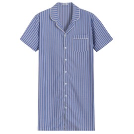 Latuza Men's Button Down Nightshirt Cotton Sleep Shirt L Blue Stripe
