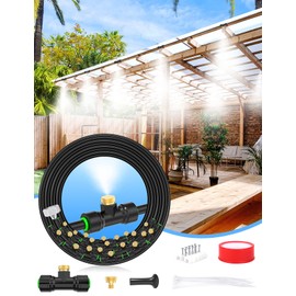 Misters for Outside Patio 63FT(19.2M)+21 Brass Mist Nozzles+a Brass Adapter(3/4") Detachable outdoor misting cooling system for Garden, waterpark, Greenhouse, Backyard, Fan, Umbrella, Deck, Canopy