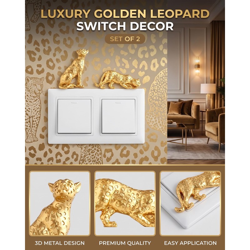 2 Pack 3D Resin Gold Cheetah Light Switch Wall Decor