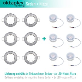 Oktaplex Set of 6 LED Spotlights - 3 Levels Dimmable - 4.8 W 2700 K 230 V 380 lm Warm White 110° - Ceiling Spotlight Brushed Stainless Steel Hole Size 60 mm Ceiling Spotlight Sedan