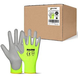 DULFINE Safety Work Gloves for Men PU Coated 60 Pairs Bulk Pack,Hi-Vis Yellow Seamless Knit Glove with thin Polyurethane Coated Smooth Grip on Palm & Fingers,Ideal for General Duty Work (Large)