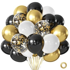 Black Gold White Balloons, 50pcs 12inch Matte White Black Metallic Gold Confetti Latex Balloons with Gold Ribbons for Birthday Graduation New Years Retirement Party Decorations