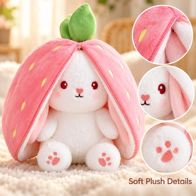 Kawaii Transforming Fruit Bunny Plush Toy, Strawberry and Carrot Rabbit