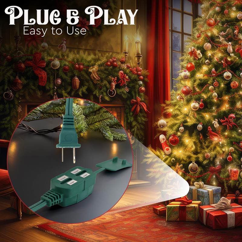 15 Feet Green Extension Cord for Christmas Tree, 3 Outlet,