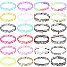 BodyJ4You 24PC Tattoo Choker Necklace for Women - 90s Choker Necklaces Y2K Fashion Trendy Vintage - Pink Blue Green Beads Disco Ball Charm - Stretchy Elastic Necklace Summer Gift Set