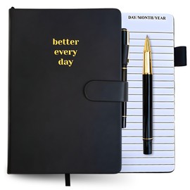 Black A5 Hardcover Notebook, 144 Pages , Lined Leather Journal with Pen for Men & Women, Better Everyday Daily Planner for Tasks, Checklists, Writing, Productivity, Goal Setting, Goals Notebook