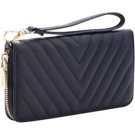 Brentano Vegan Leather Slim Single-Zipper Chevron Embroidered Wallet Clutch with Removable Wrist Strap (Navy)