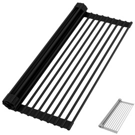 HANZENMA Roll Up Dish Drying Rack Over The Sink Kitchen Roll Up Sink Drying Rack Multipurpose Foldable Sink Drying Mat, Heat-Resistant, Anti-Slip & Anti-Rust Dish Rack for Kitchen, 17" x 13", Black